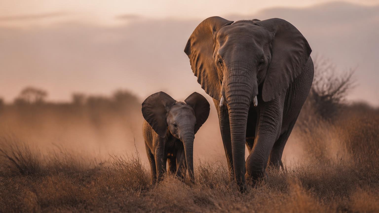 Elephant mother and calf walking together through warm grass