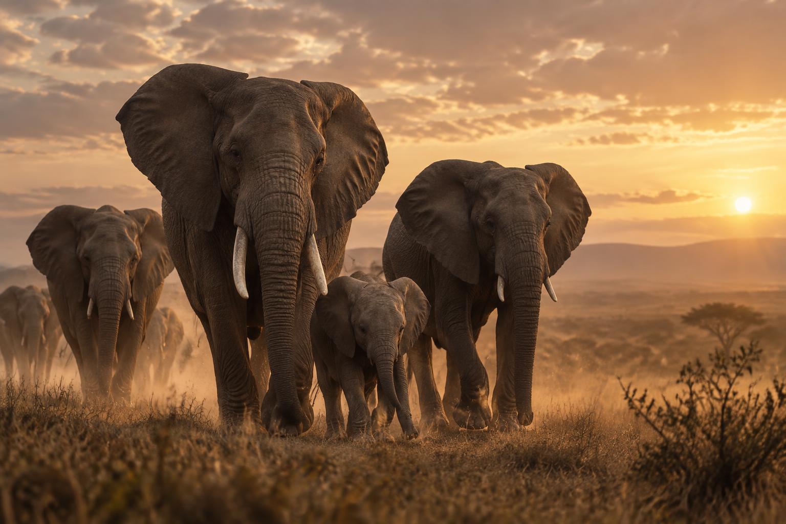 Mother elephant and calf moving with their family in warm light